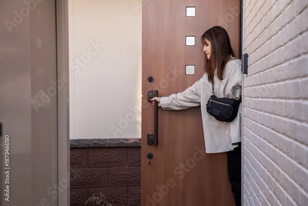 Obraz 玄関から出る女性