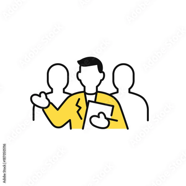 Obraz 資料を持って案内をするビジネスマンのシンプルなベクターアイコンイラスト