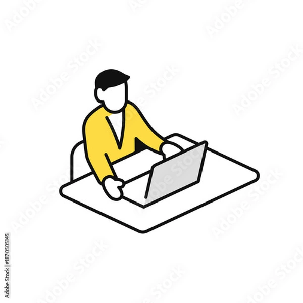 Fototapeta ノートパソコンで調べものをするビジネスマンのシンプルなベクターアイコンイラスト