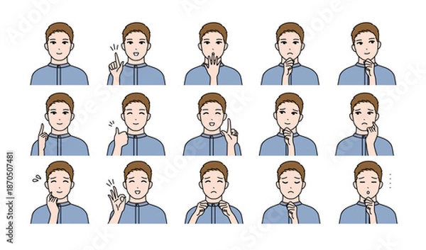 Obraz 若い男性の様々表情バリエーションセット　ベクター	