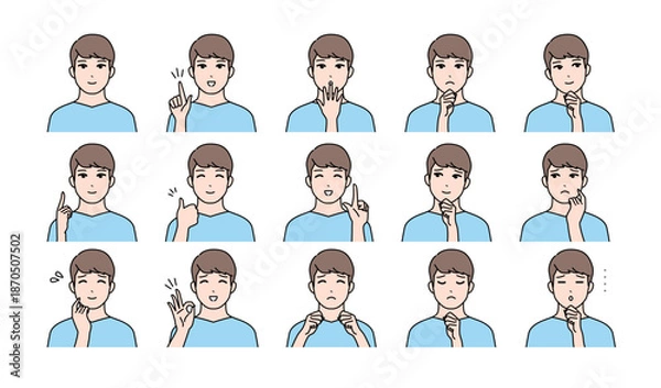 Obraz 若い男性の様々表情バリエーションセット　ベクター	
