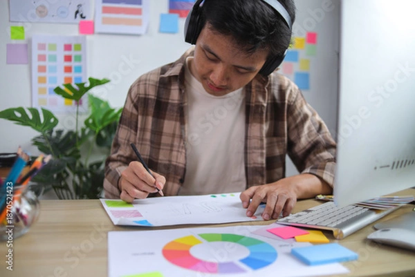 Obraz Creative Professional Focused on Drawing and Developing Ideas, Working on New Design Project