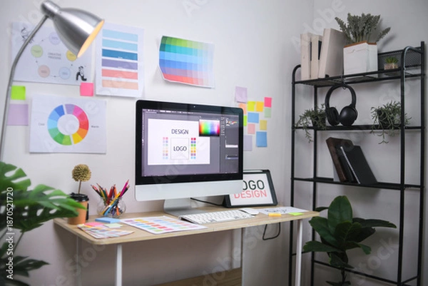 Obraz Modern Graphic Design Workspace With Computer Screen Displaying Logo Concept