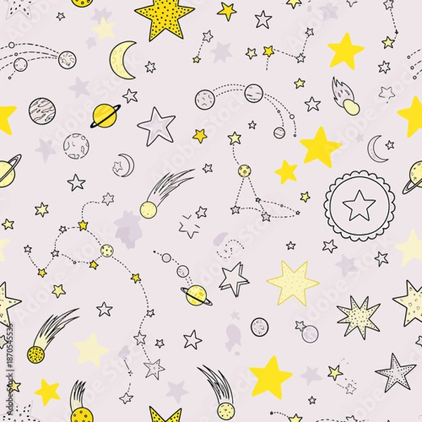 Obraz Seamless pattern with hand drawn cosmic elements stars comets and planets.