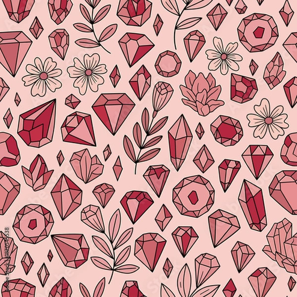 Obraz Seamless Pattern with Hand Drawn Gemstones and Floral Elements.