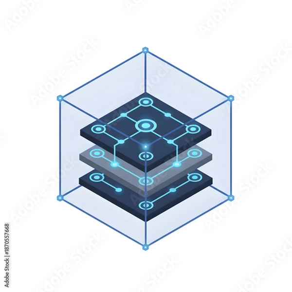 Obraz Isometric digital platform with layered data and protected computing system.