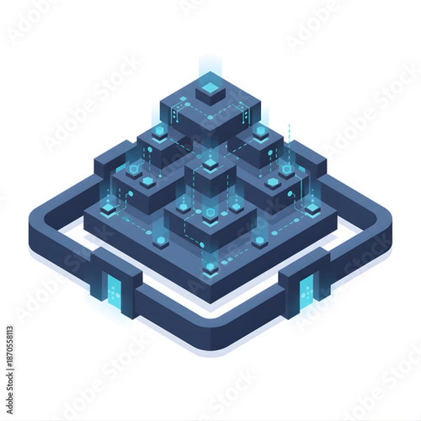 Obraz Isometric blockchain platform with stacked digital data blocks.