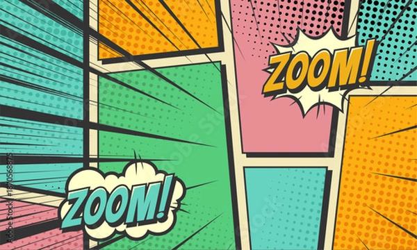 Fototapeta Dynamic Pop Art Comic Panel Background with Zoom Bubbles