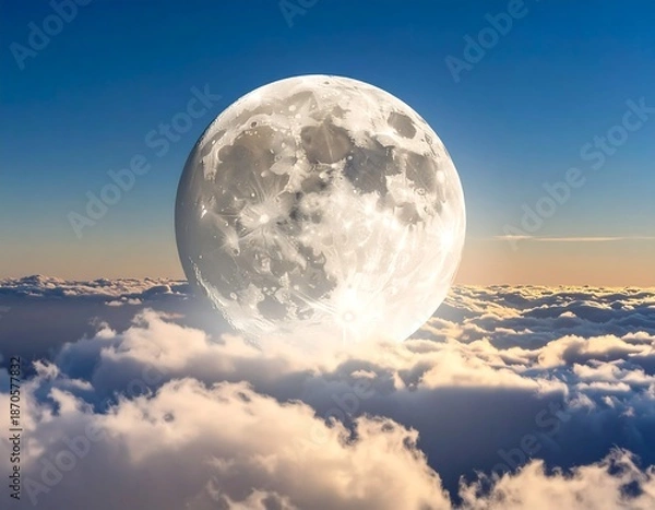 Obraz Large moon rises above cloudscape, bathed in a soft glow