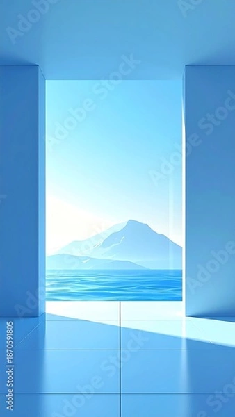 Obraz Modern architectural opening, panoramic ocean view with distant mountains