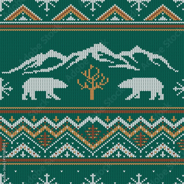 Fototapeta Winter knitted woolen pattern with polar bears on a background of snow-capped mountains