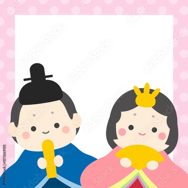 Obraz ひなまつりの正方形バナー｜かわいいお雛様とお内裏様、水玉模様のフレームと白背景、3月のイラスト