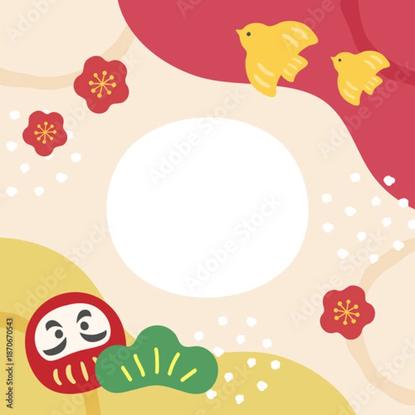 Obraz 1月のバナー、和風の正方形バナー、だるまと松竹梅、千鳥のかわいいイラスト・コピースペースあり