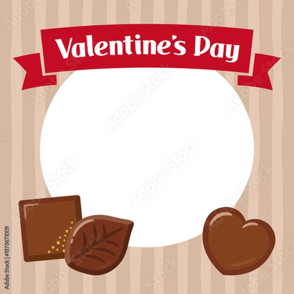 Obraz バレンタインバナー、バレンタインチョコレートとリボンフレームの正方形バナー、白い丸フレーム付き