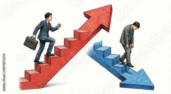 Fototapeta 成功と失敗を象徴するビジネスマンの階段と矢印の手書き風イラスト｜成長 下降 キャリア 対比 男性