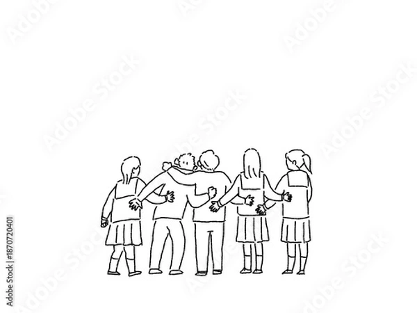 Obraz 制服姿の学生の後ろ姿、線画、