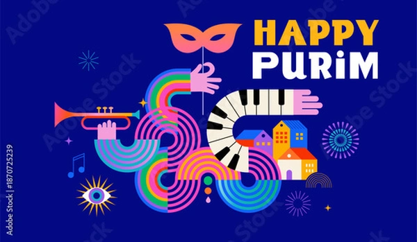 Obraz Happy Purim, poster with geometric carnival elements