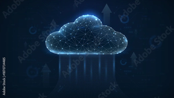 Obraz A digital cloud with interconnected nodes, representing data transfer and cloud computing in a futuristic, technological universe.