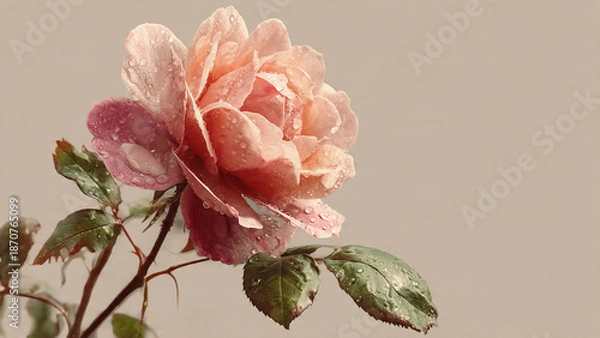 Obraz dewy pink rose on beige background