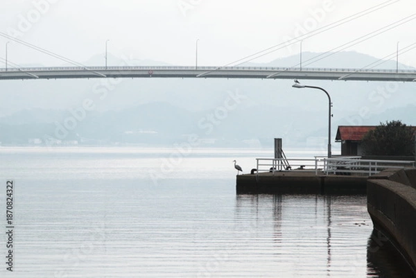 Obraz 海辺に佇むアオサギと橋