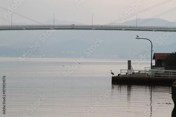 Obraz 海辺に佇むアオサギと橋