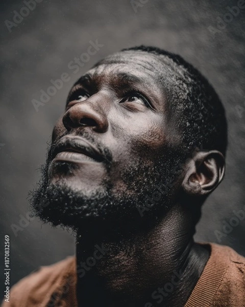 Obraz man looking upward slightly, contemplation emotion