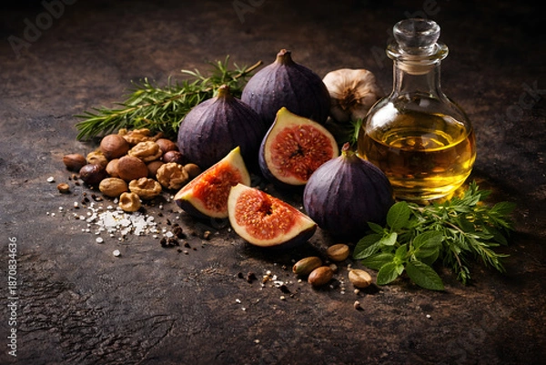 Obraz Rustic Figs and Nuts with Olive Oil on Dark Background