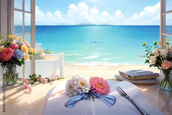 Obraz ゲーム背景　美しい海の水平線が見える高級レストランの目線風景