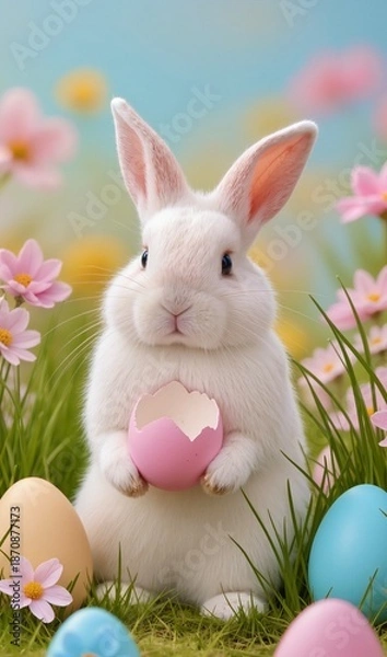 Obraz Cute Easter bunny and Easter eggs on a light background 