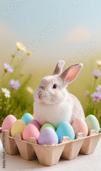 Obraz Cute Easter bunny and Easter eggs on a light background 