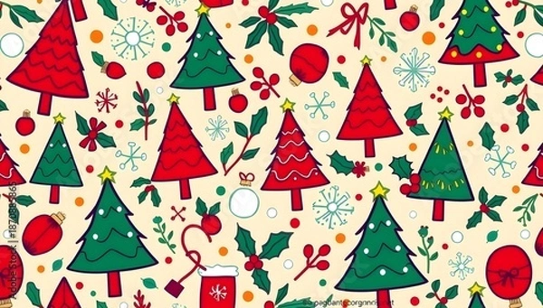 Obraz Seamless Christmas Pattern Background. Vector Texture with Trees, Holly and Holiday Elements