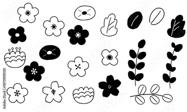 Obraz 手描き風の花と葉のシンプル植物装飾素材