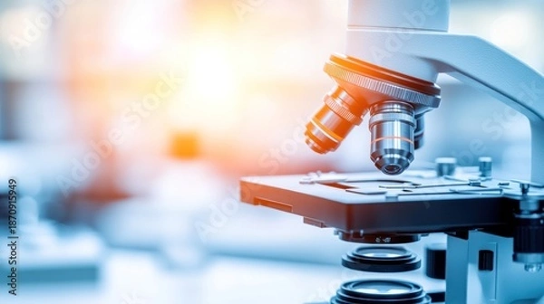 Obraz Detailed microscope, metallic, bluish tones, blurry background, bright light source