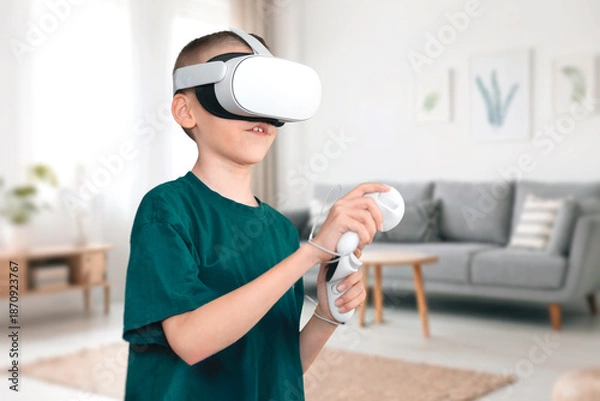 Obraz Young boy using virtual reality VR headset