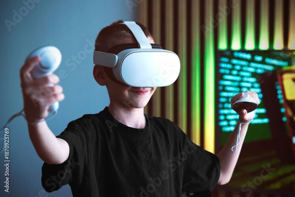 Obraz Young boy using virtual reality VR headset
