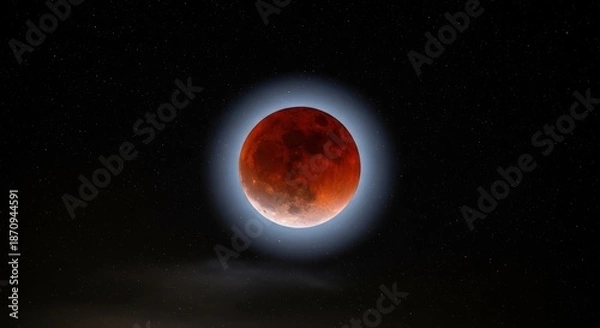 Fototapeta Dramatic red lunar eclipse against a star-filled night sky