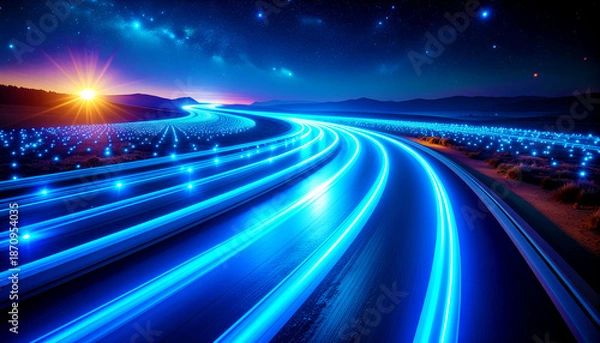 Obraz Interconnected fiber optic network, blue light.