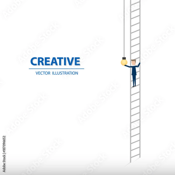 Fototapeta Creativity business concept with businessman standing on ladder getting the light bulb to light creative idea. Eps10 vector illustration.