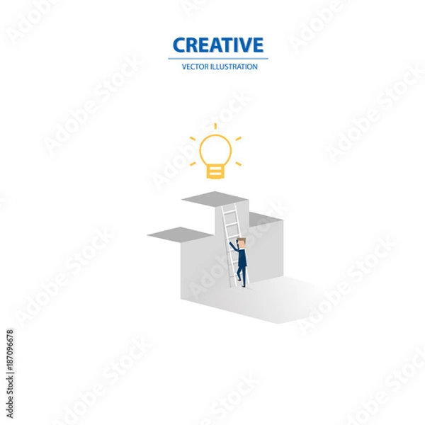 Fototapeta Creative solution presentation with light lamp and a business man. Creativity concept vector illustration.