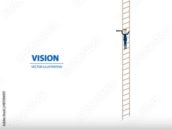 Fototapeta Business vision concept with businessman standing on a ladder looking through a telescope. For strategy and planning business. Vector illustration.