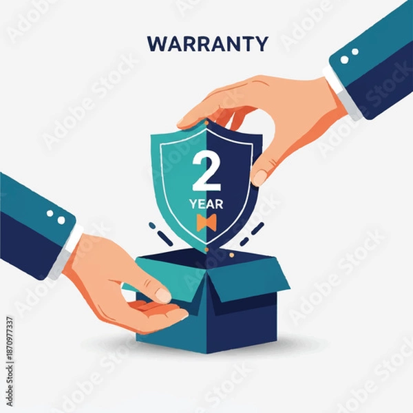 Obraz Two hands presenting a two year warranty shield from a box.
