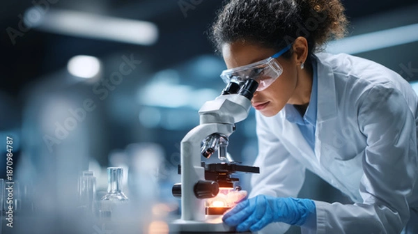 Obraz A scientist in a lab coat examining a sample under a microscope
