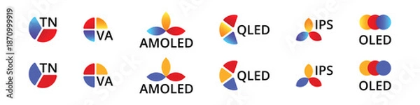 Obraz Display technologies: tn, va, amoled, qled, ips, oled logos.