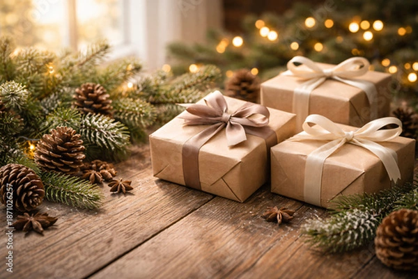 Obraz Christmas Gift Boxes with Pine Branches on Rustic Wood