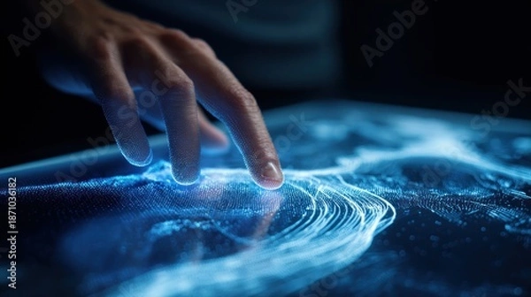 Fototapeta Human hand touching illuminated surface creating digital data visualization abstract concept