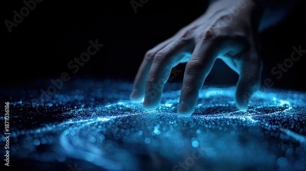 Fototapeta Human hand touching glowing particles creating abstract digital patterns dark background