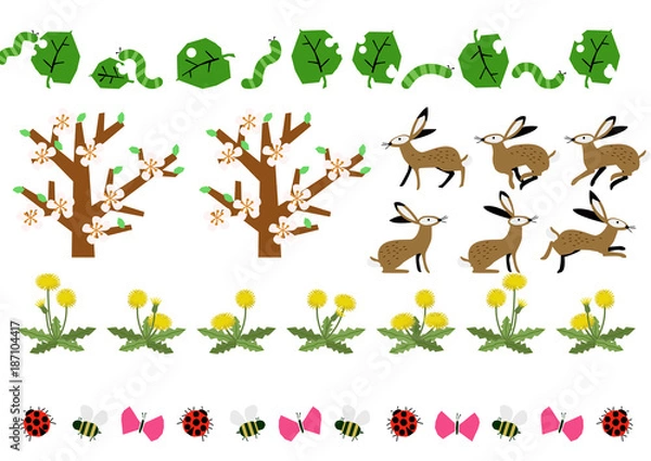 Obraz 野兎と春の素材集。春の生物。春の植物。シーズンのイラスト。