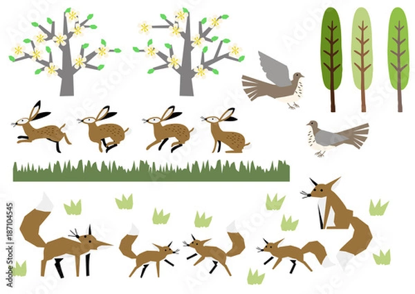 Fototapeta 春のイメージの素材集。春のクリップアート。野兎とキツネ。