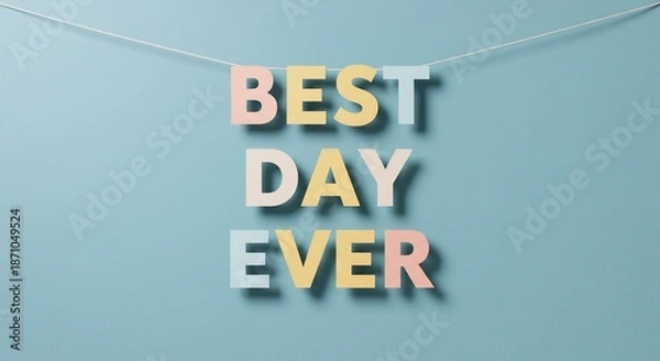 Obraz 「BEST DAY EVER」の文字が鮮やかな光を受けて青い背景に浮かび上がり最高の瞬間を軽やかに表現. AI Generated