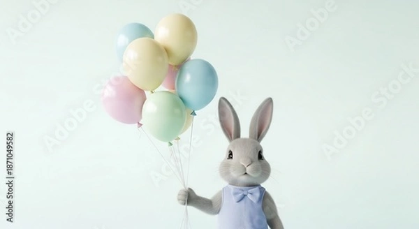 Obraz ふんわりと柔らかな光を浴びて輝くパステルカラーの風船を大切そうに抱える愛らしいウサギの置物 春の訪れを優しく告げるような穏やかで心和む瞬間が美しい. AI Generated